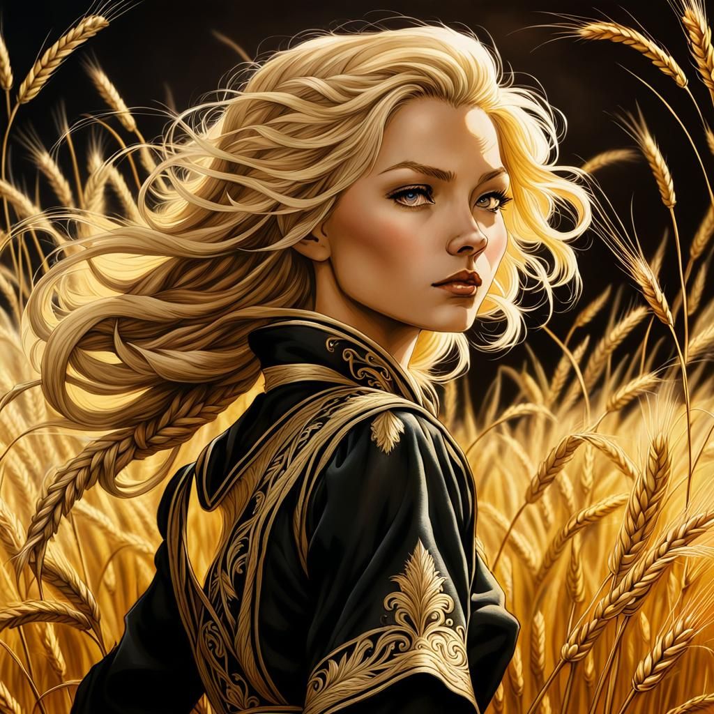 Anime Woman in Golden Wheat Field, Chiaroscuro