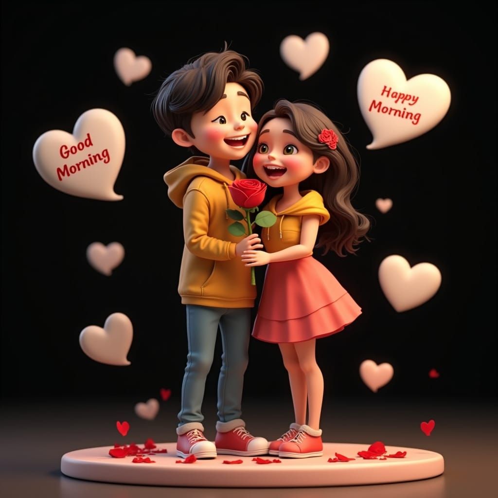 Romantic Couple Surrounded by Hearts in 3D Style