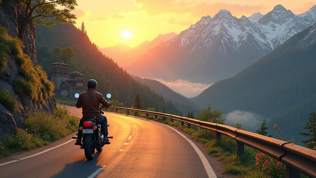 Royal Enfield Cruises Sunset Mountain Road in 2D Studio Ghib...