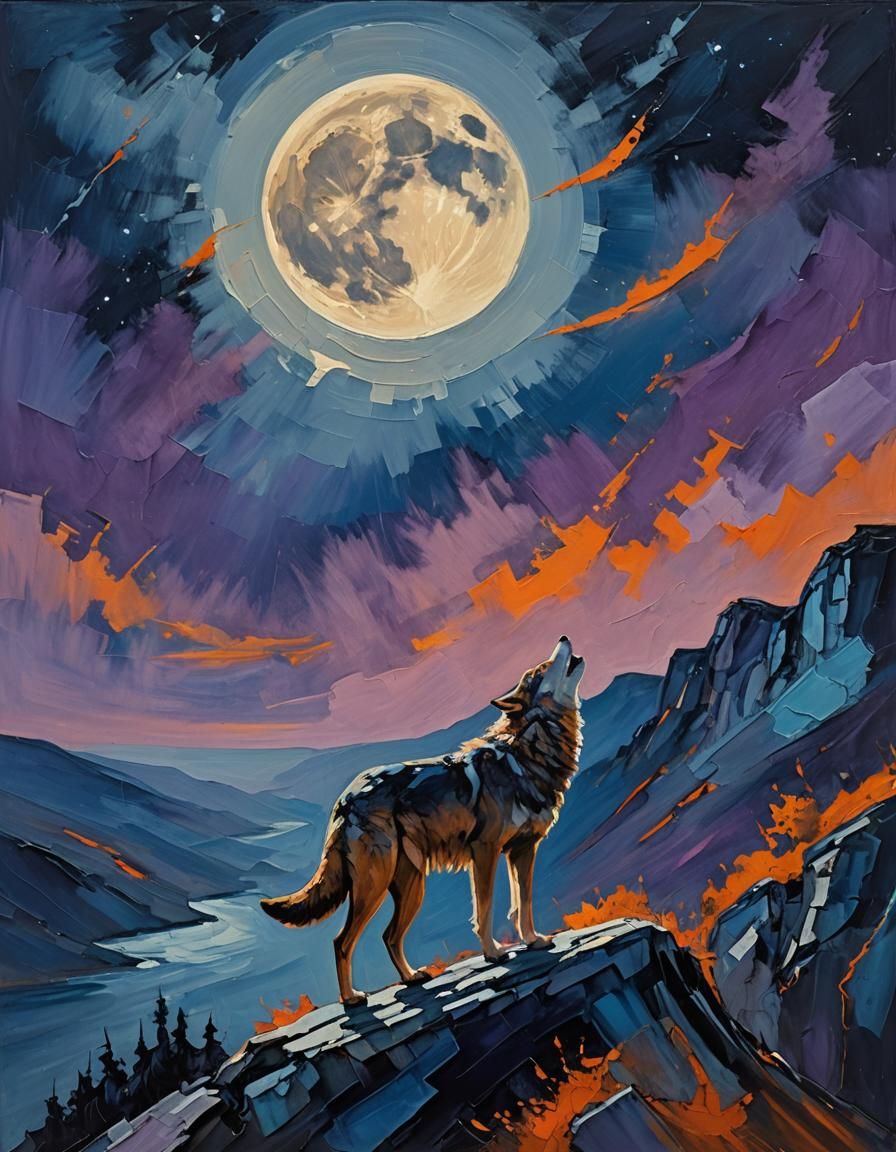 Wolf Howling at Moon in Abstract Expressionism