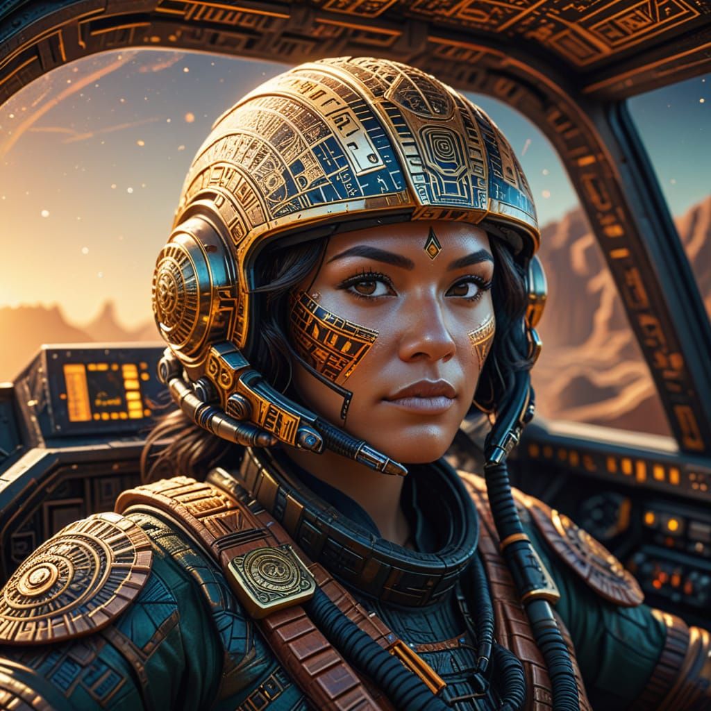 Mayan Fighter Pilot in Space Battle, Digital Art