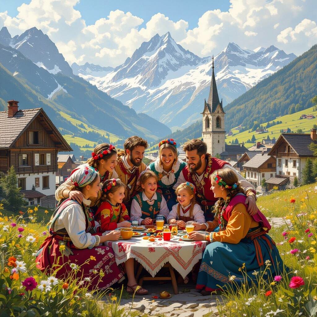 Joyful Family Reunion in Swiss Village: Matte Painting