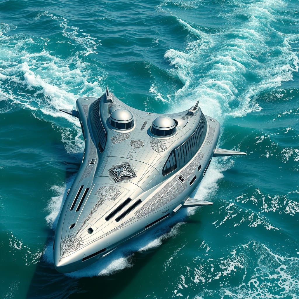 Ancient Greek Futuristic Warship Cuts Through Turquoise Wave...