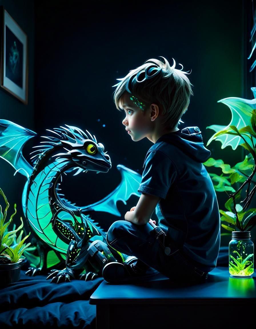 Boy and Bioluminescent Dragon in Dark Bedroom