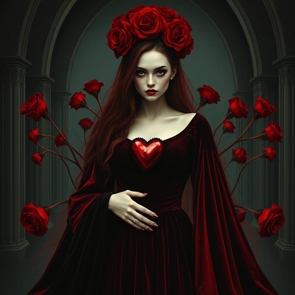 Mysterious Woman in Crimson Velvet Gown with Blood-Red Roses