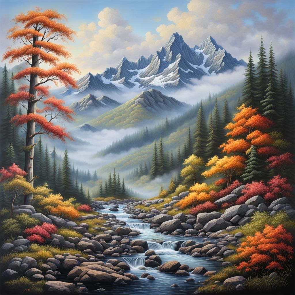 Hyperrealistic Misty Mountain Landscape in Vivid Color