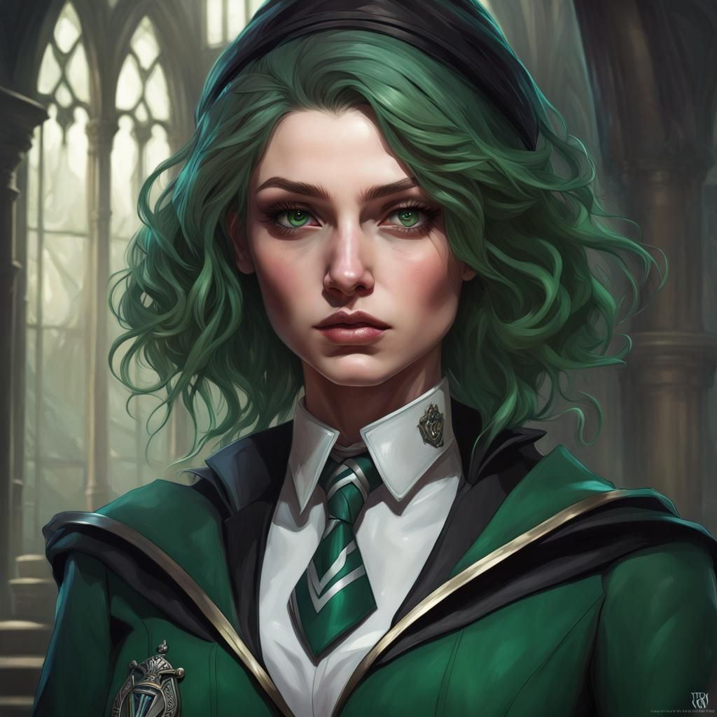 Goth Girl Portrait in Slytherin Uniform, Detailed Concept Ar...
