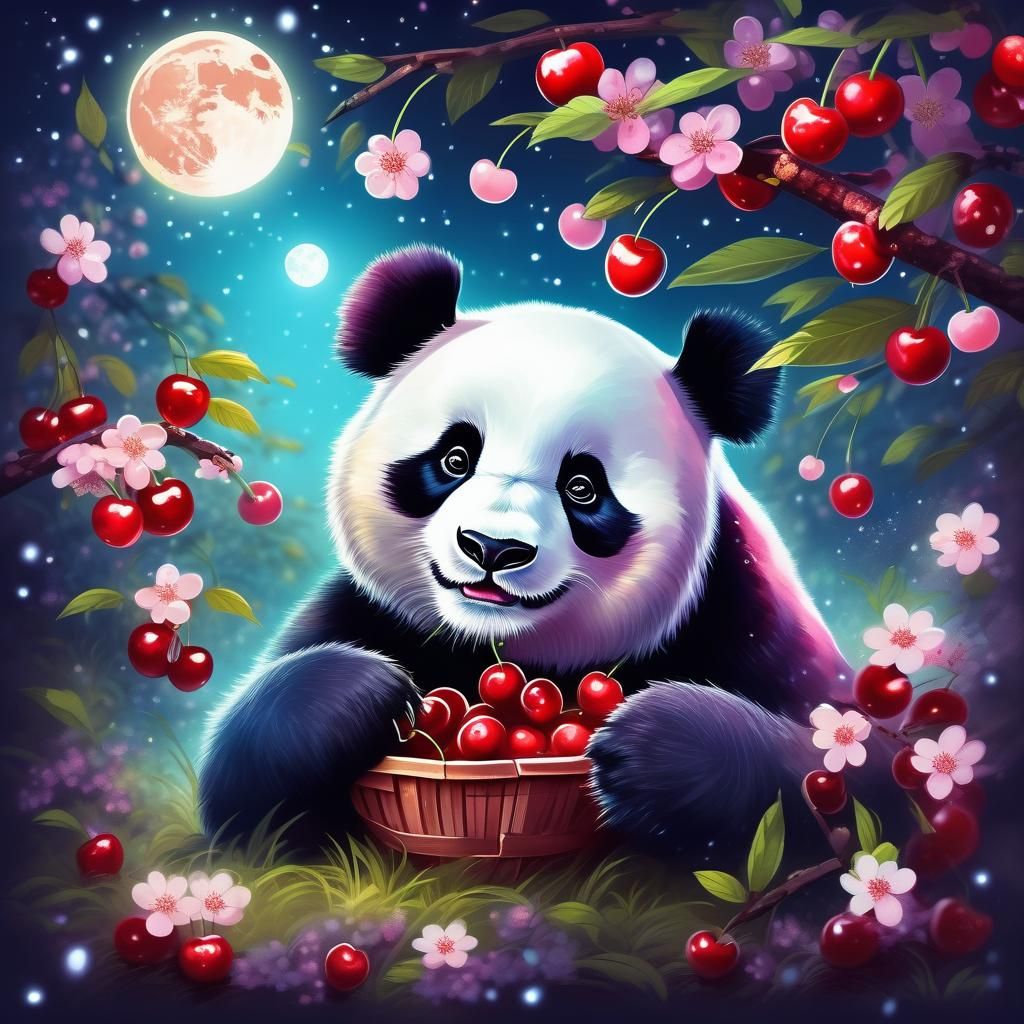 Charming Panda's Cherry Feast: A Pastel Dream