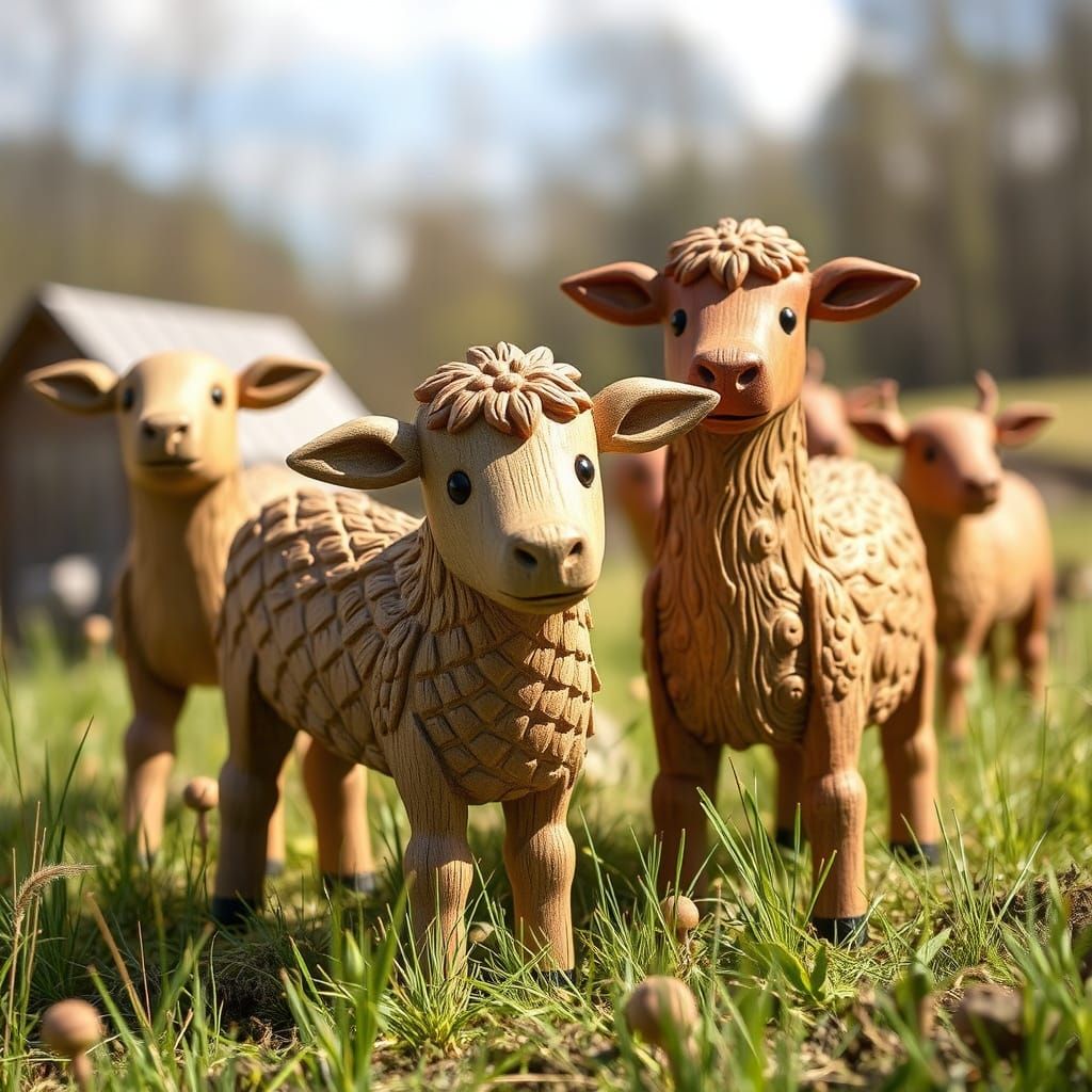 Rustic Wooden Farm Animals in Sunny Meadow