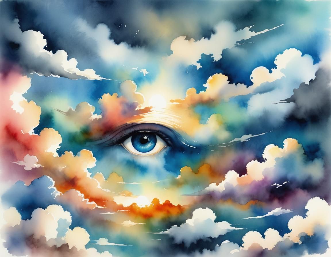 Eye Gazing Through Clouds in Watercolor