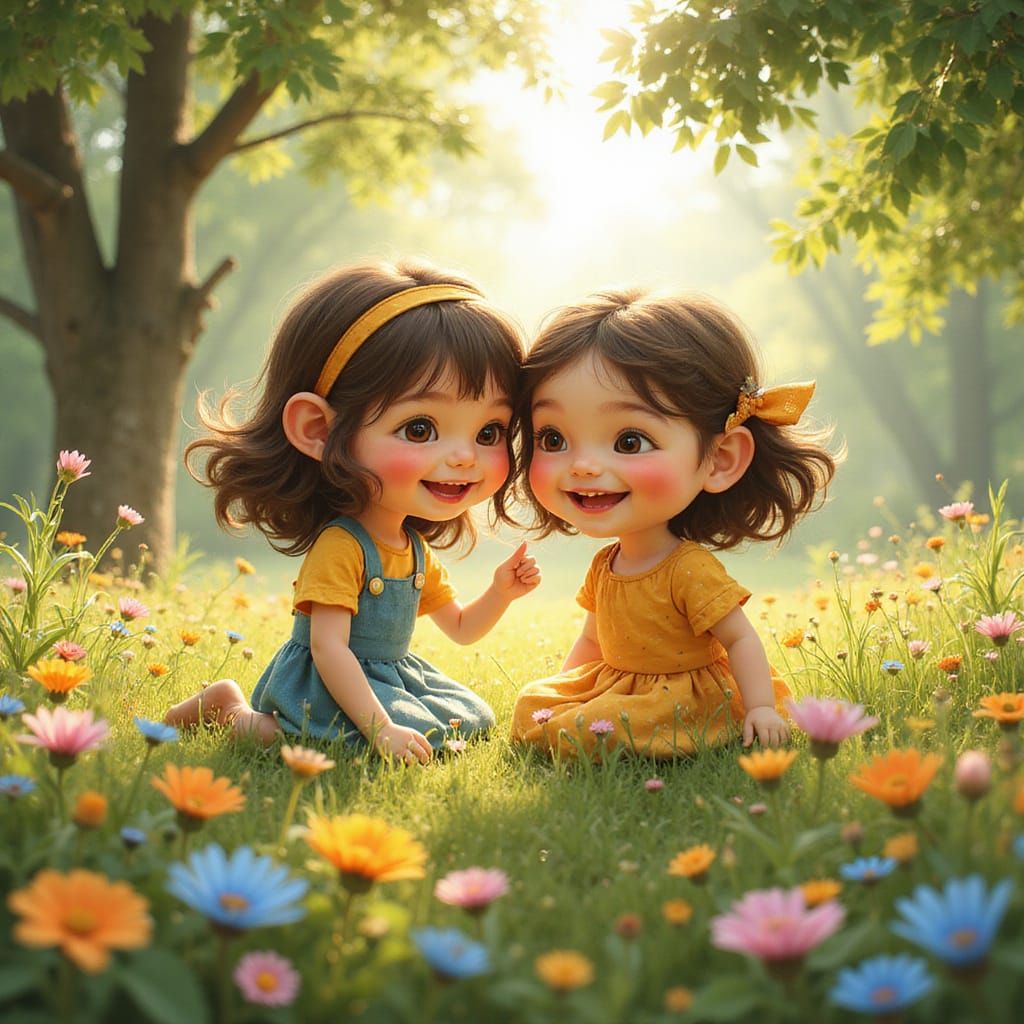 Joyful Girls Share Secrets in Sun-Drenched Meadow Illustrati...