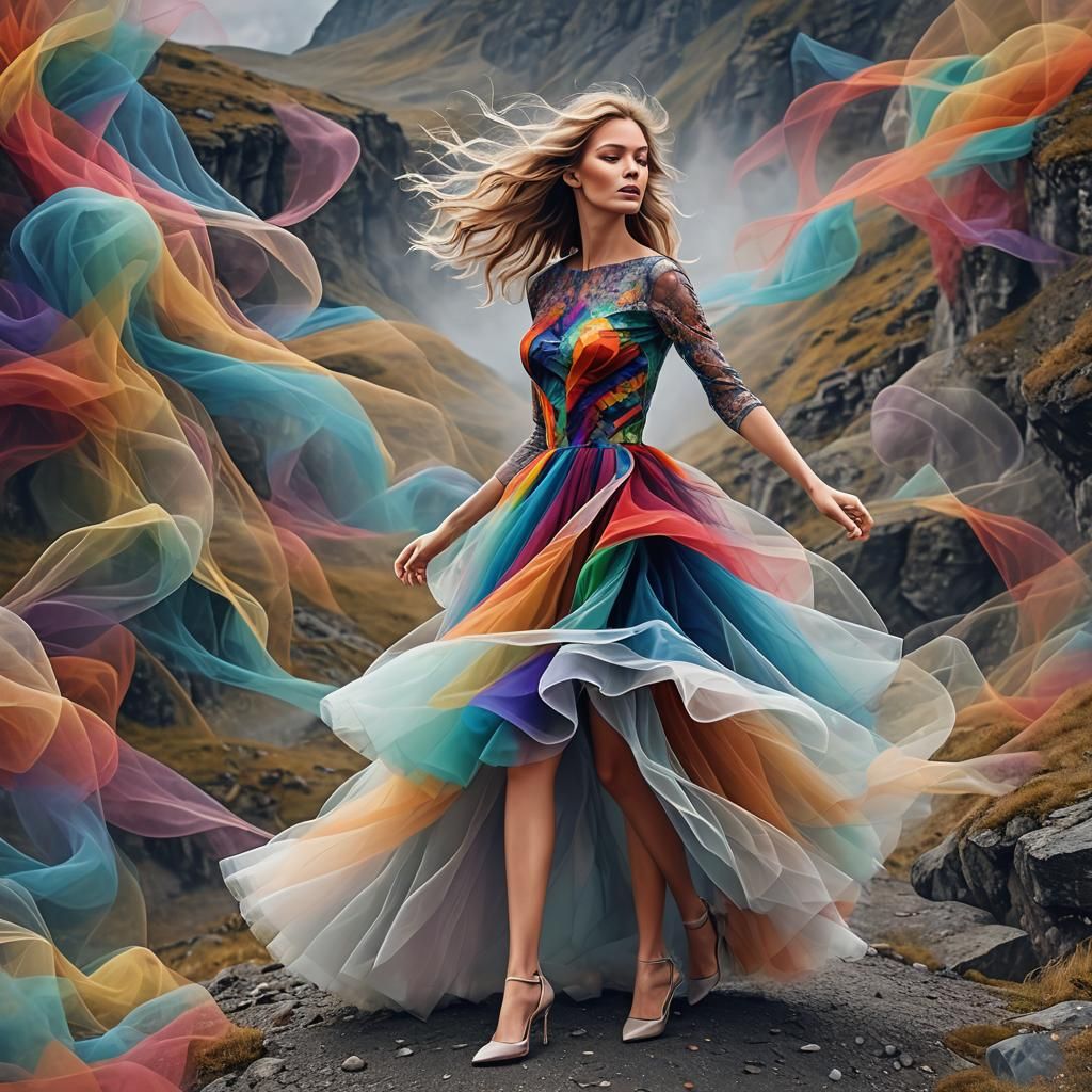 Scandinavian Woman in Tulle Outfit on Mountain