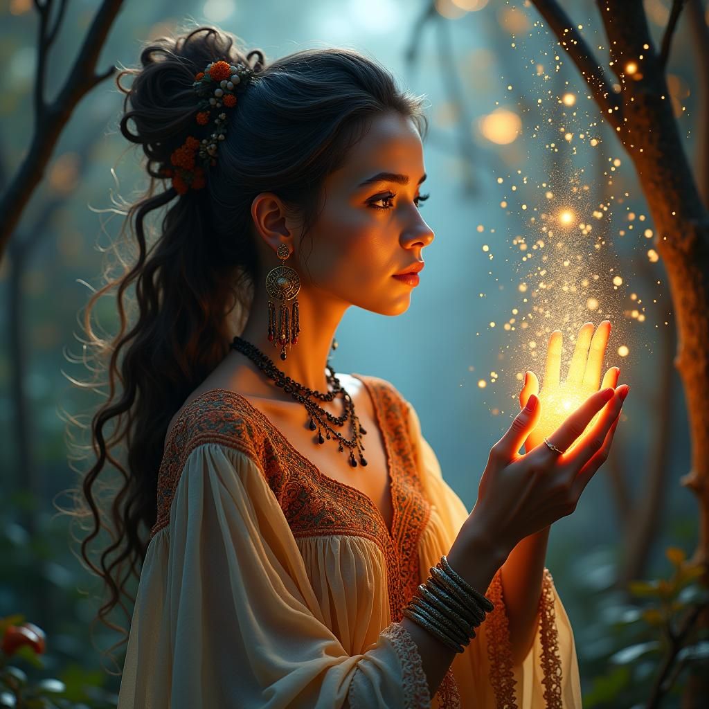 Bohemian Woman Sweeping Fairy Dust: Hyperrealistic Digital A...
