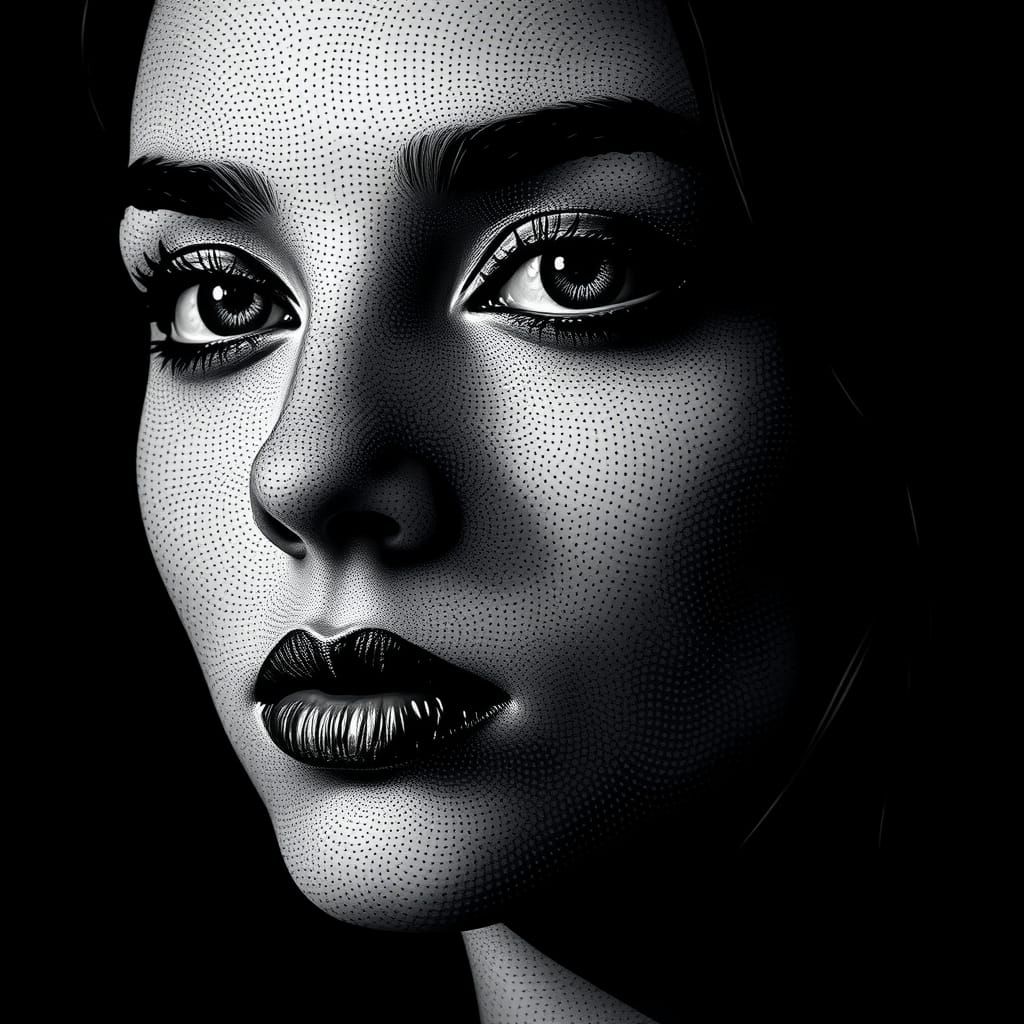 Monochrome Pointillist Portrait of a Young Woman