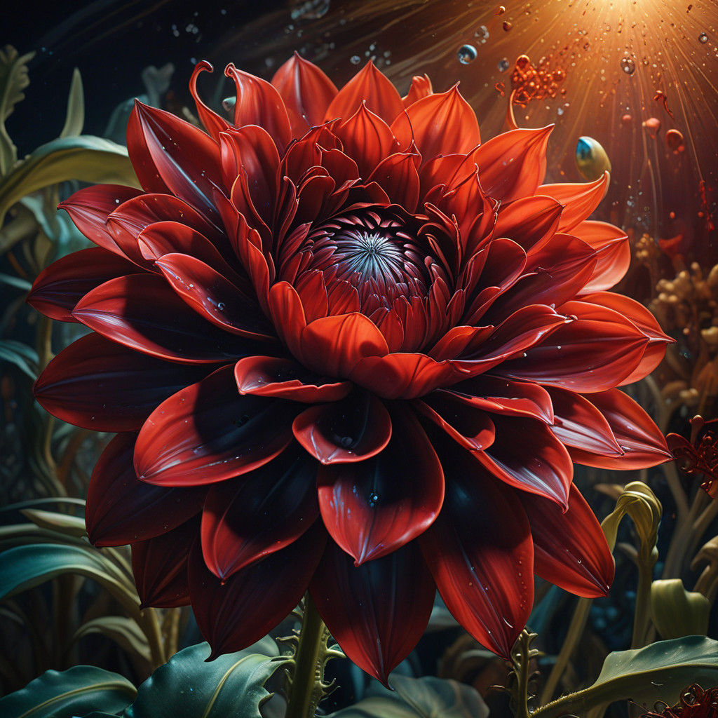 Ethereal Dark Red Flower Blooms in Moonlit Garden