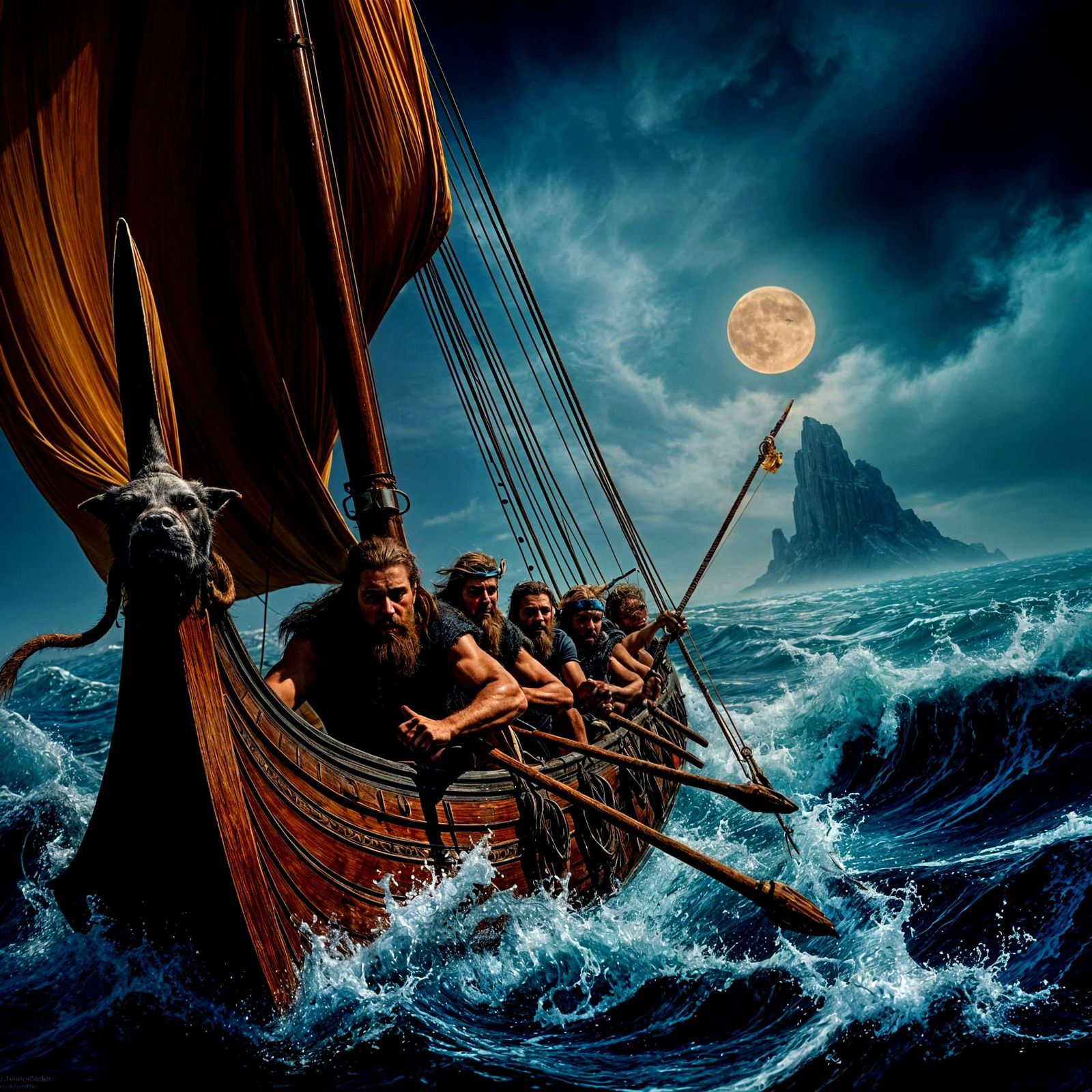 Viking Longship on Rough Seas Under Moon