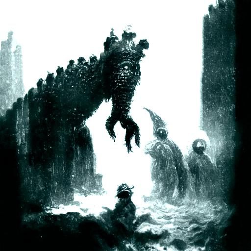 Terrifying Kaiju Monster in Dark Engraving Style