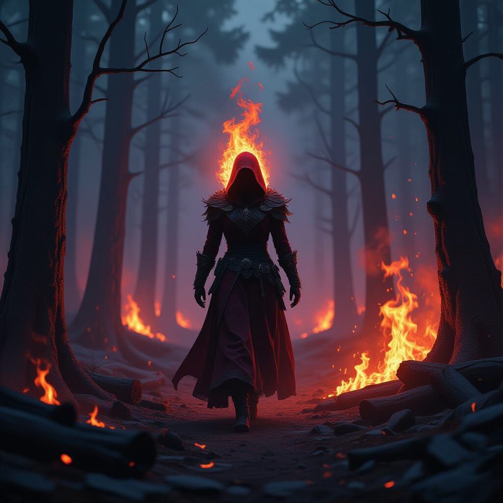 Fiery Entity Walks Through Burning Forest