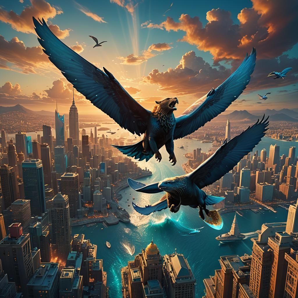 Majestic Whale-Eagle-Lion Soars Over Fantasy City