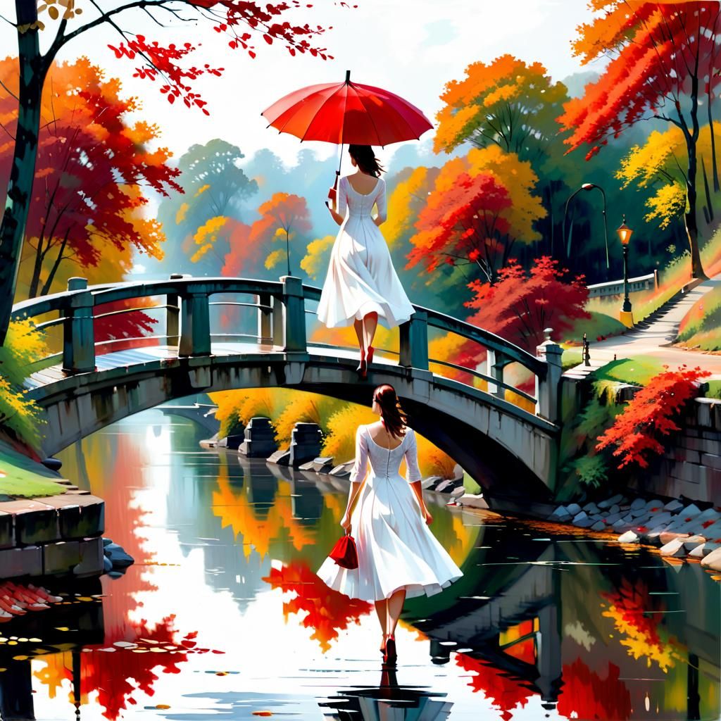 Autumnal River Scene with Woman and Red Umbrella