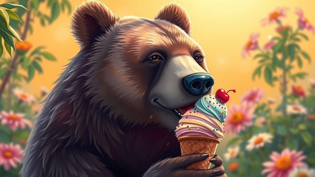 Surreal Bear Enjoys Colorful Ice Cream in a Dreamlike Landsc...