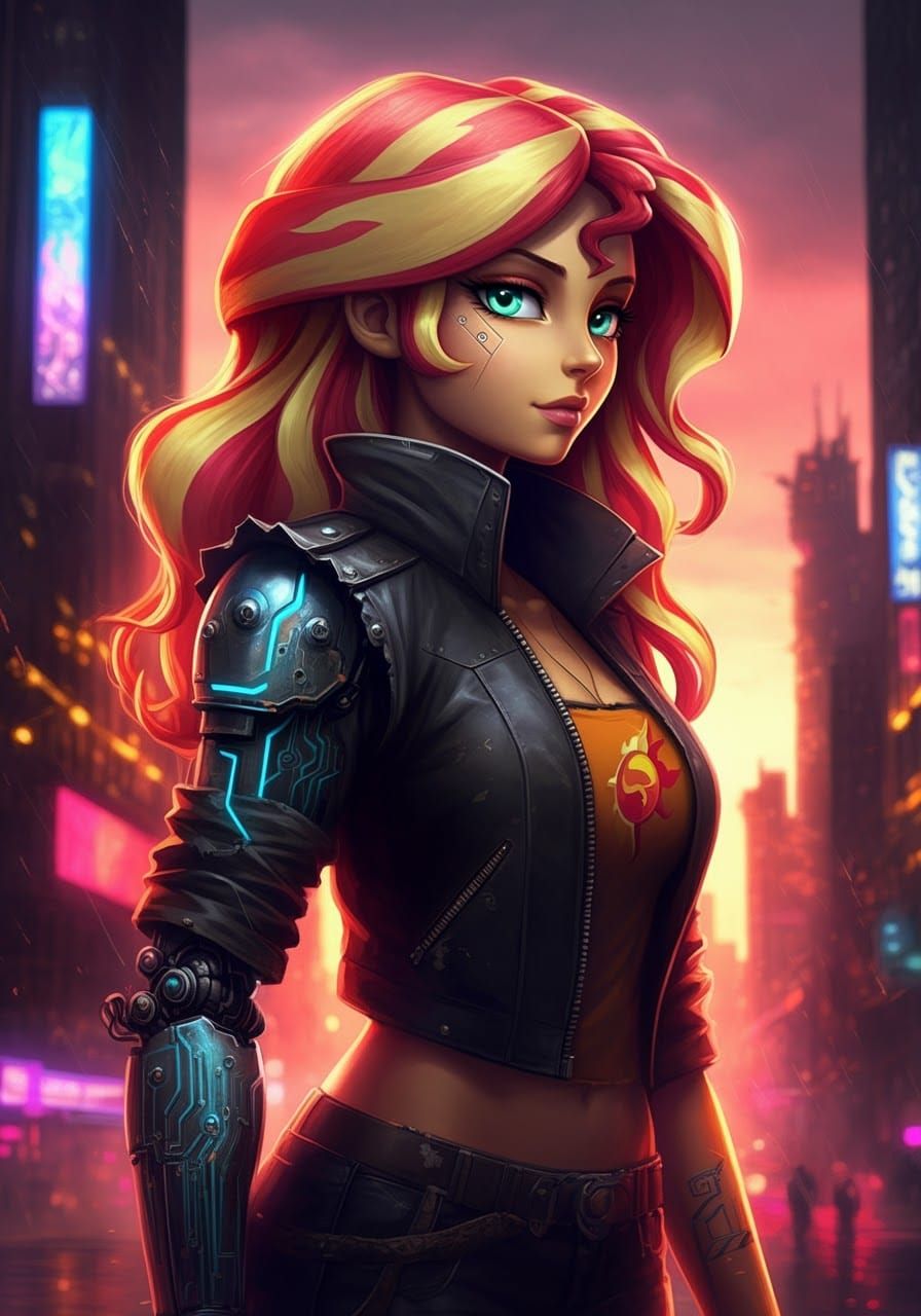 Cyberpunk Sunset: A Futuristic Art Nouveau Portrait