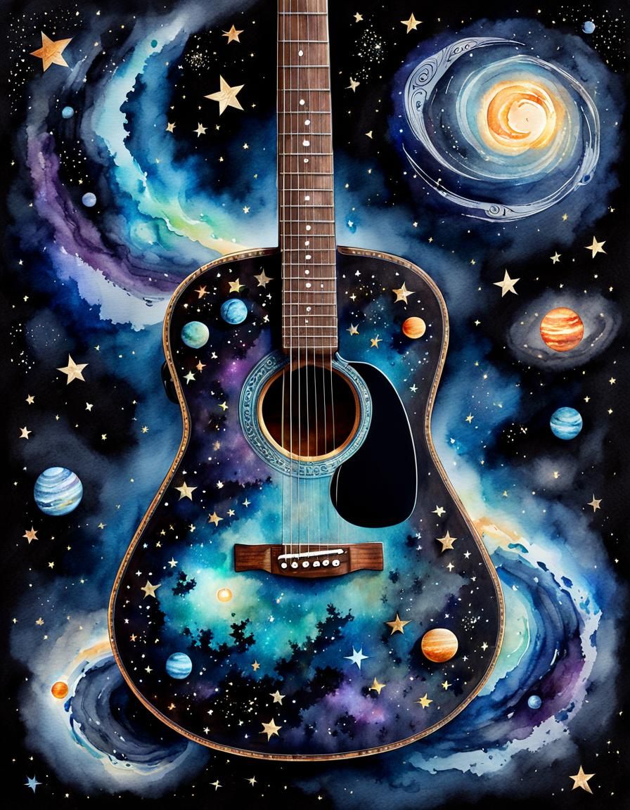 Cosmic Acoustic Guitar: Watercolor Galaxy Illustration