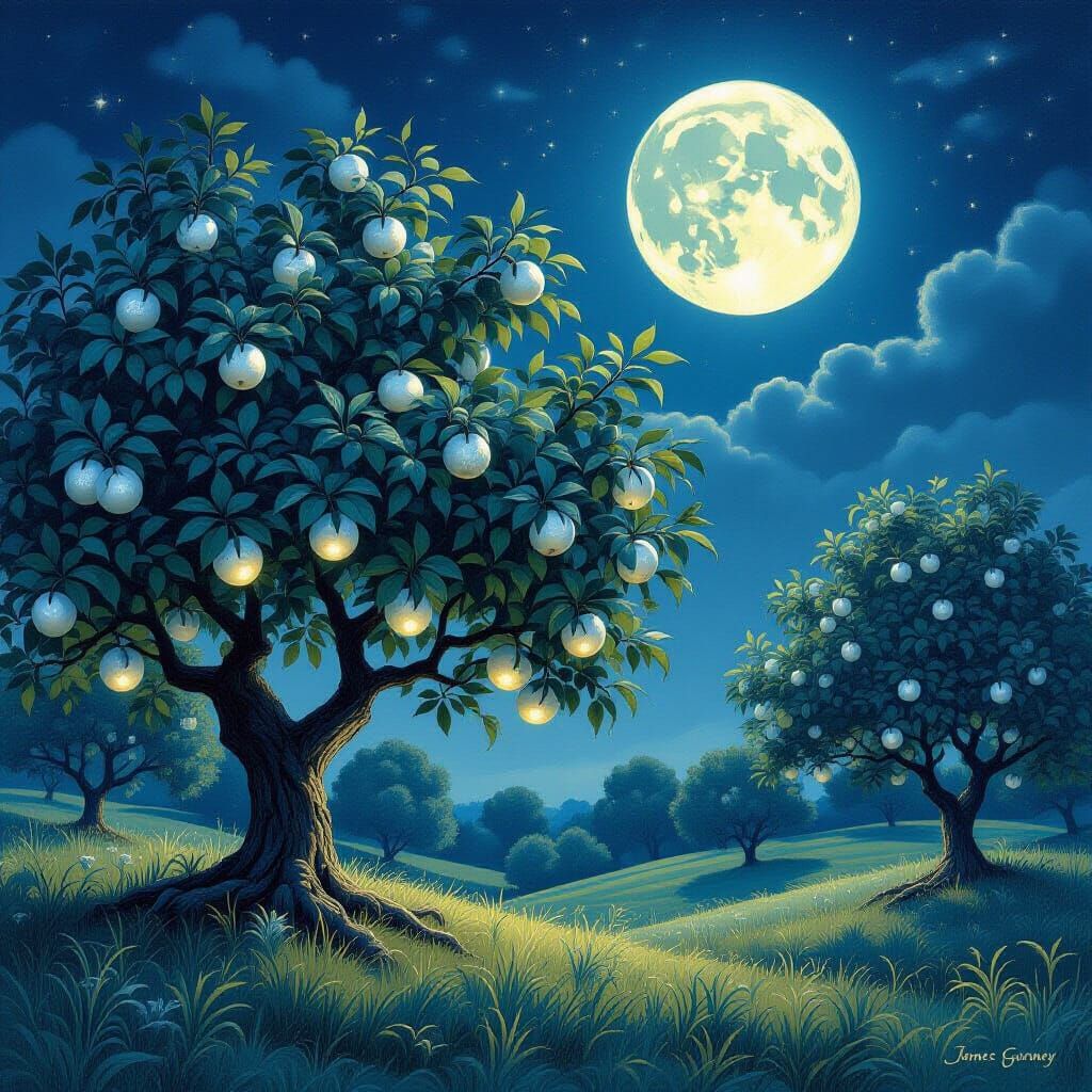 Mystical Orchard Under Full Moon in Fantasy Art Style