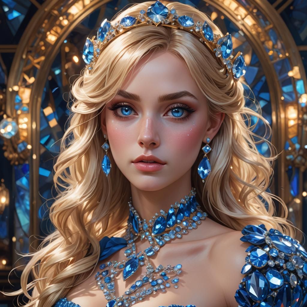 Young crossdresser  beautiful big eyes makeup on long blonde hair tied back dressed in blue ballgown made of crystals he...