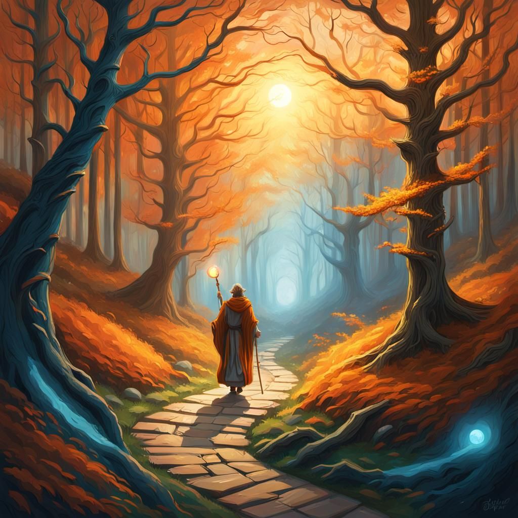 Druid's Sunset Path: Fantasy Oil Painting