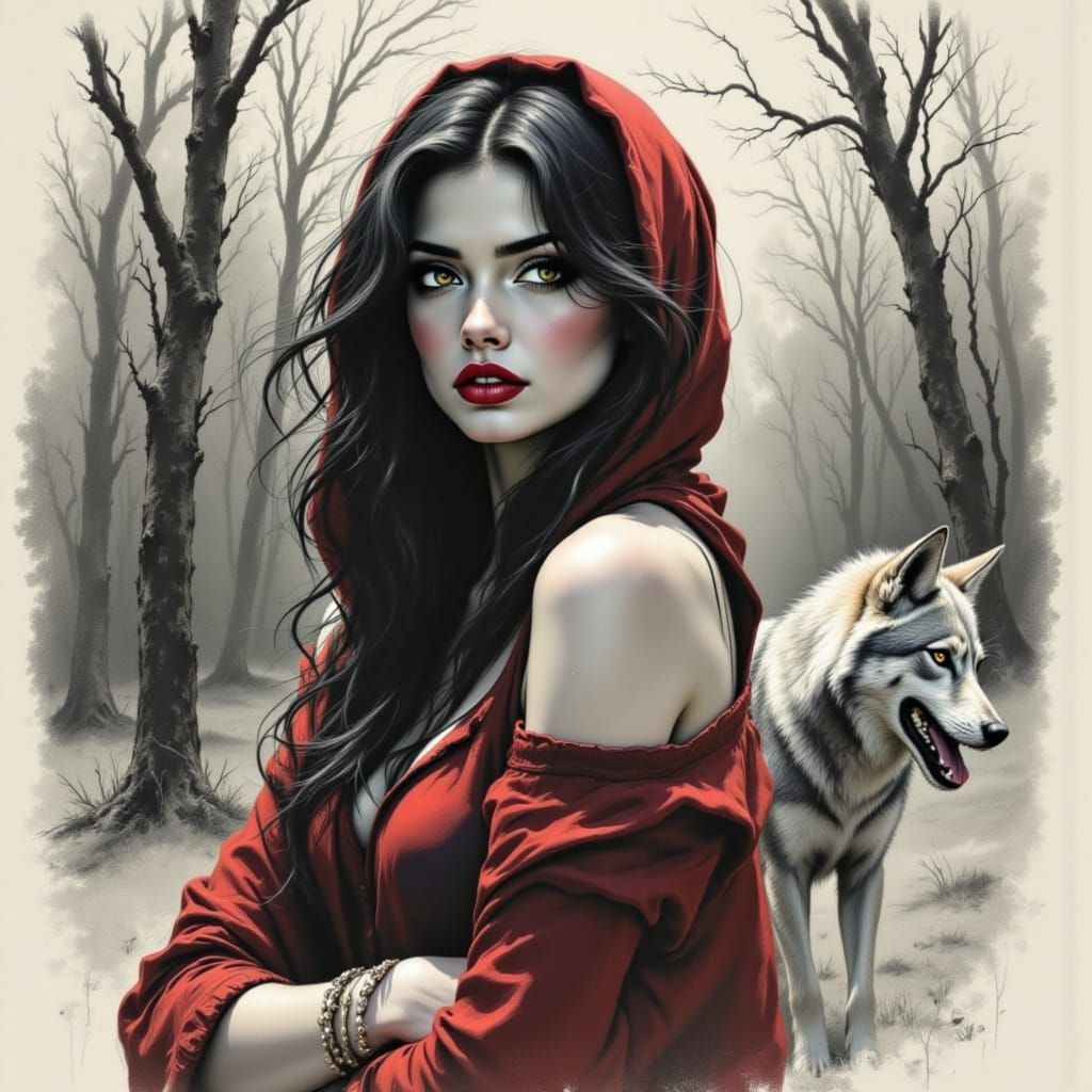 Confident Hunter Stands with Faithful Wolf in Misty Forest