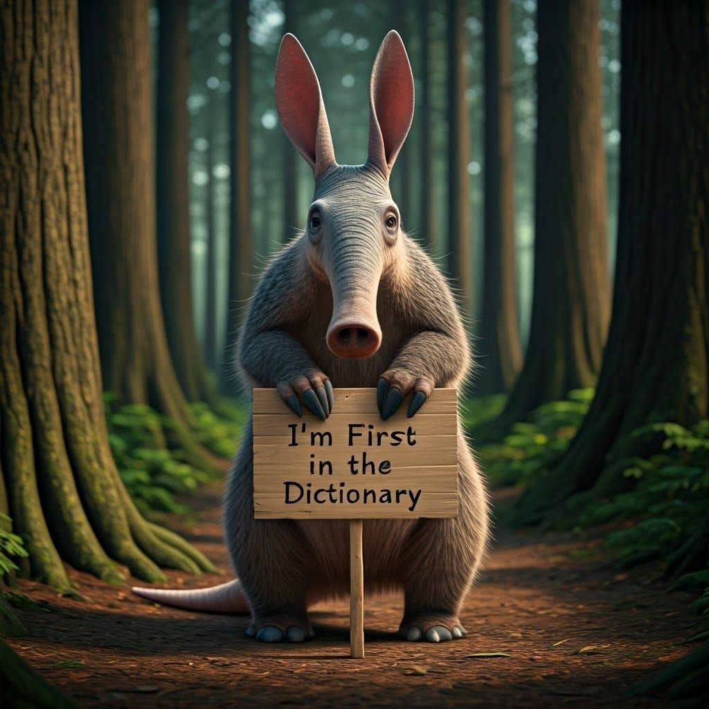 Comic Aardvark Sign in Hyperrealistic CGI Forest