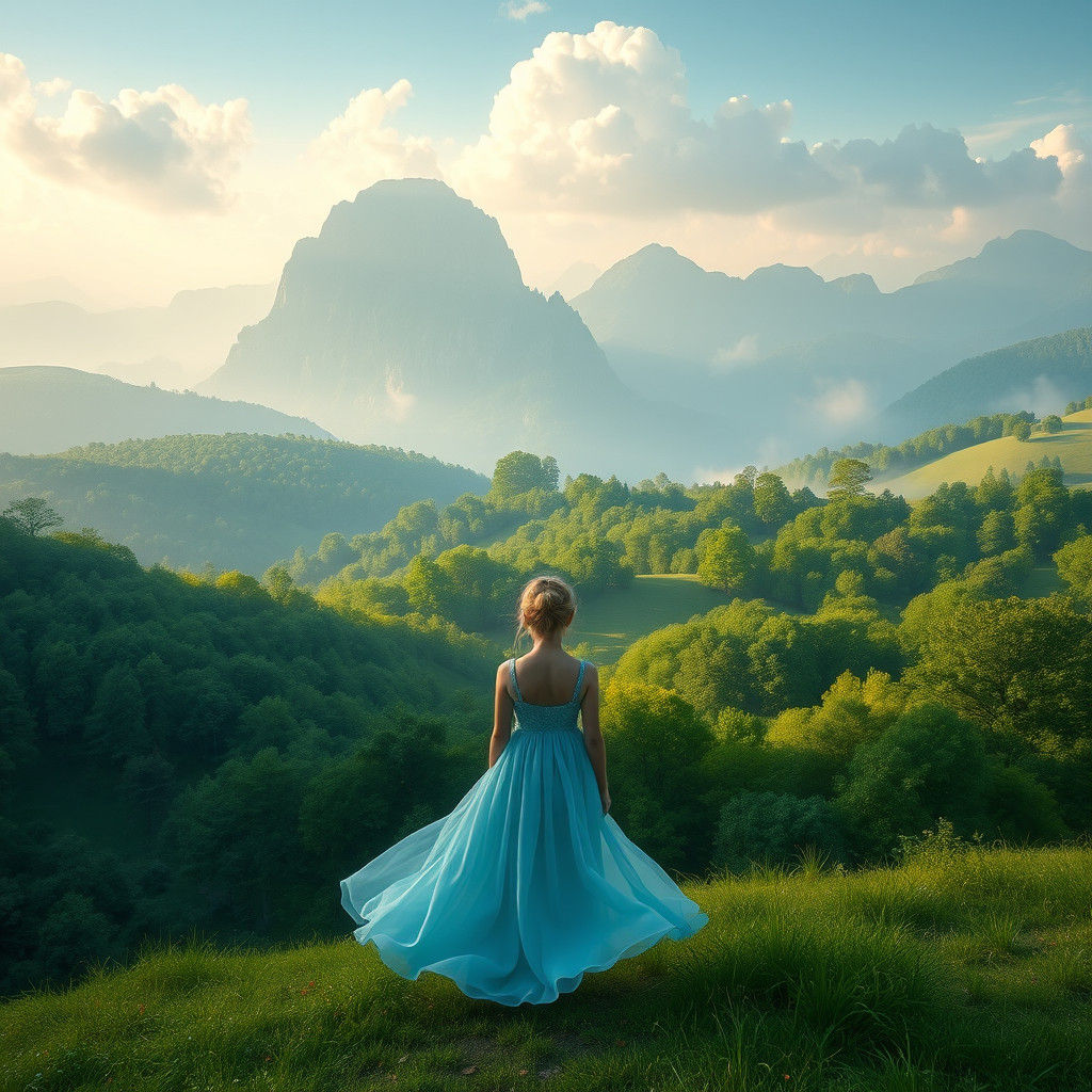 Serene Landscape with Girl in Distance, Hyperrealistic