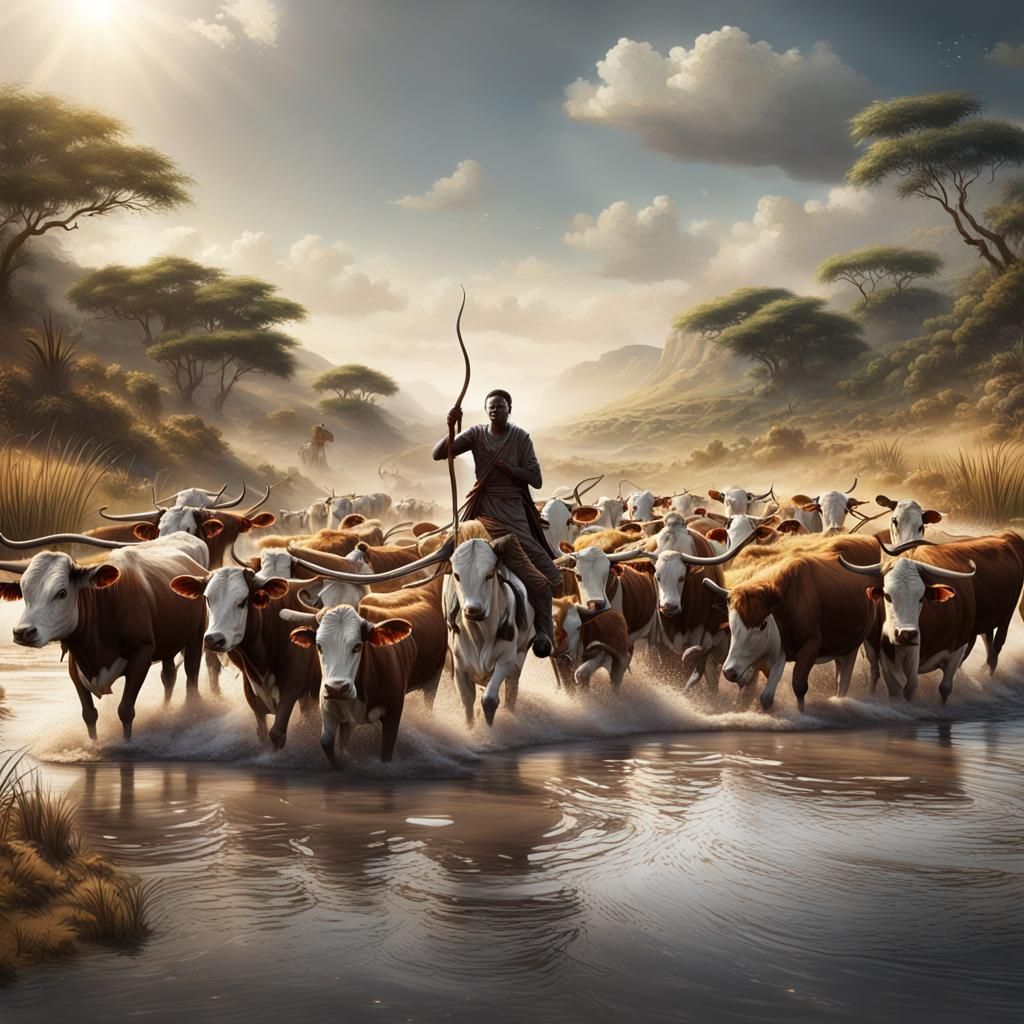 Zulu Boy Herding Cattle: Photorealistic Matte Painting