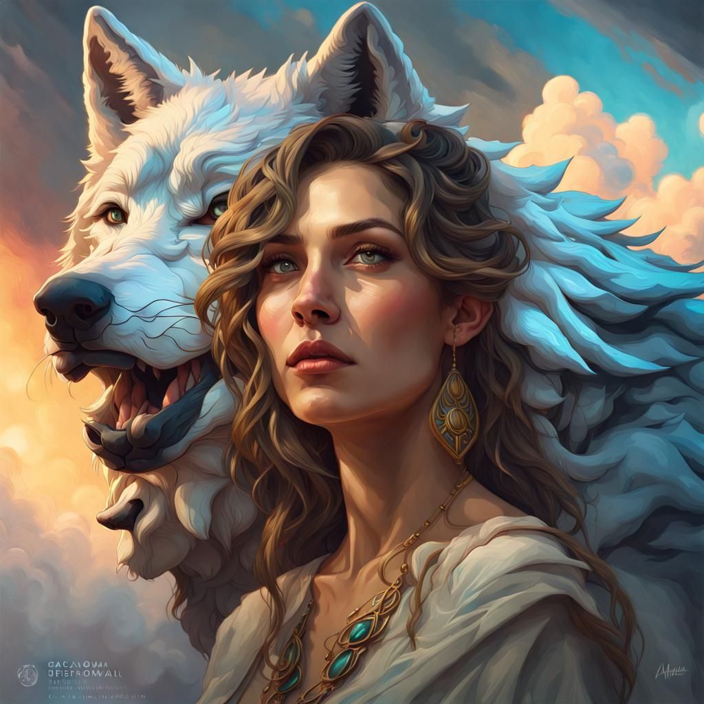 Woman and Wolf Portrait in Surrealist Style