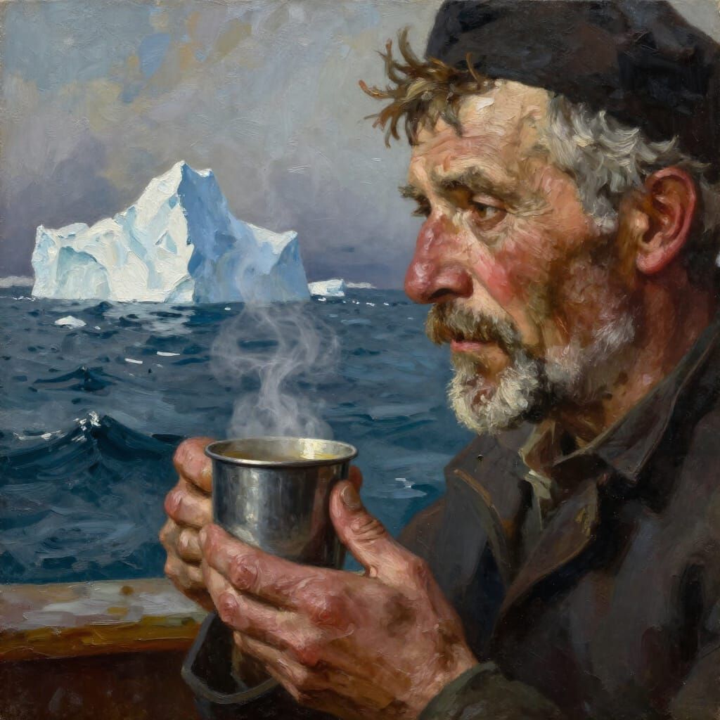 Sailor's Intense Gaze Holding Coffee Amidst Stormy Seas