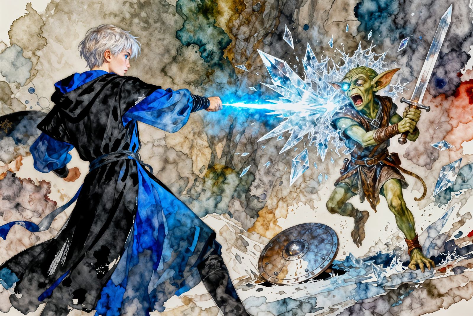 Fantasy Mage Blasts Goblin With Ice Magic