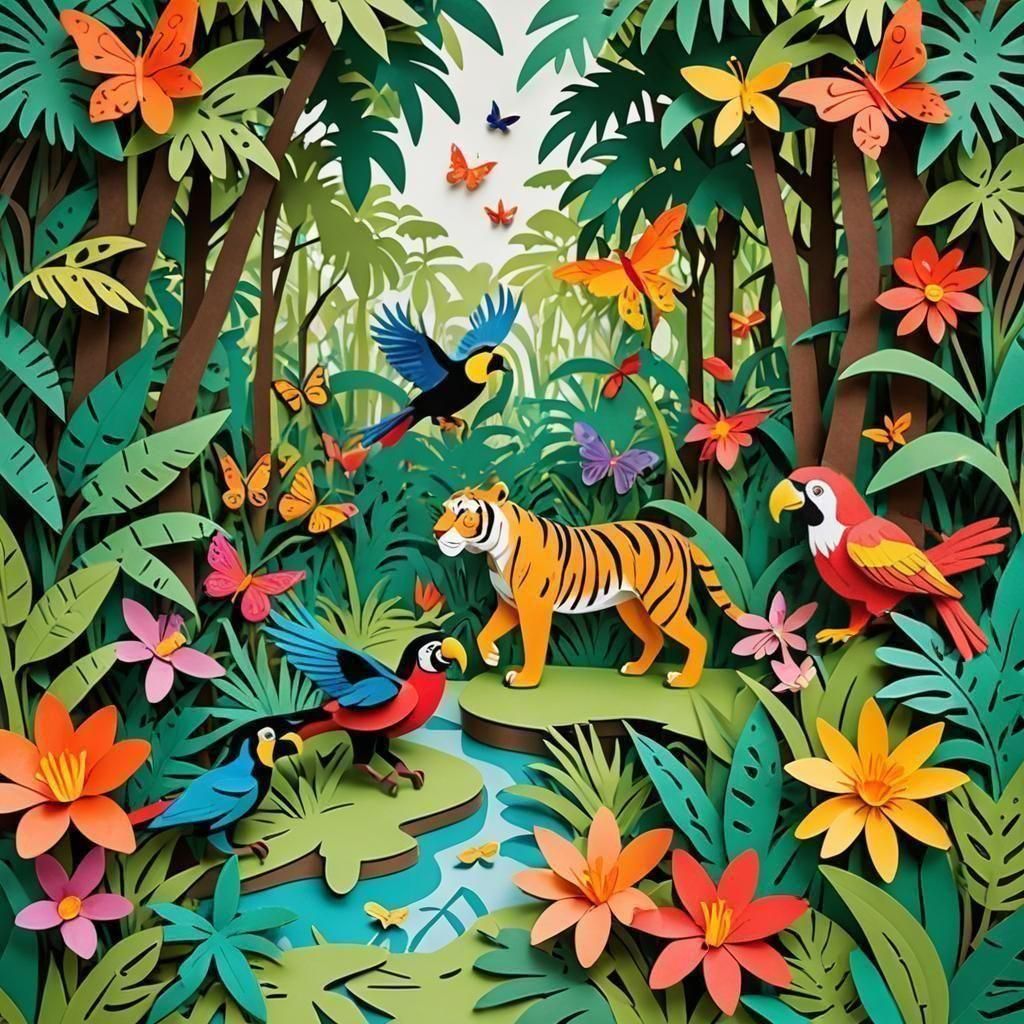 Vibrant Kirigami Jungle Scene with Playful Tiger