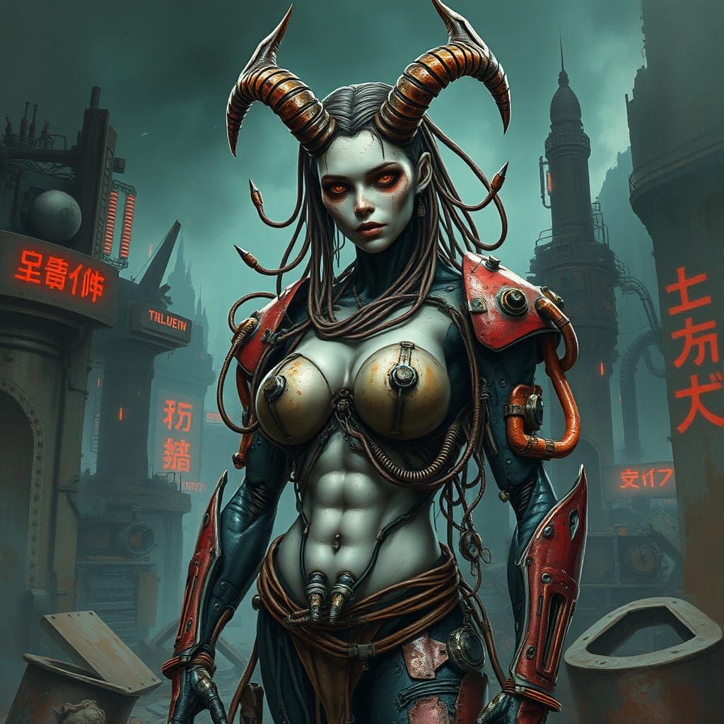 Cyber Bio Demoness Reigns Amidst Ruins in Neon-Lit Watercolo...