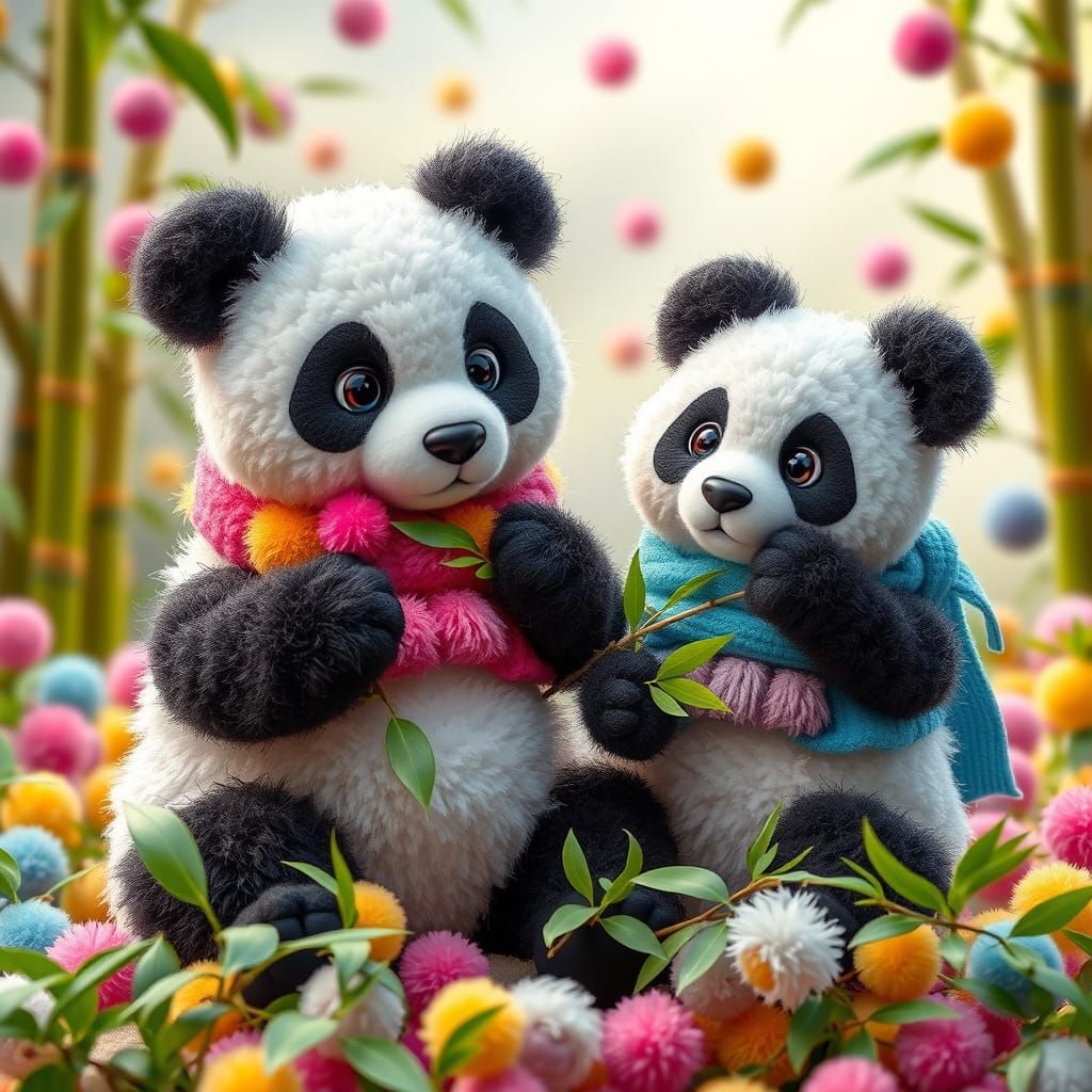 Pom Pom Pandas in Candyland: Hyperrealistic Cel-Shaded Art