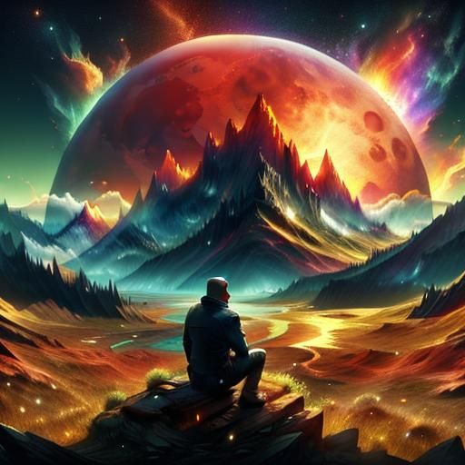 Man Contemplates Fiery Moon Over Water