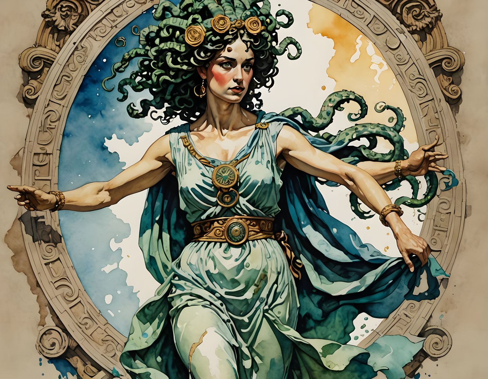 Medusa Walks Towards the Viewer with an Intense Gaze