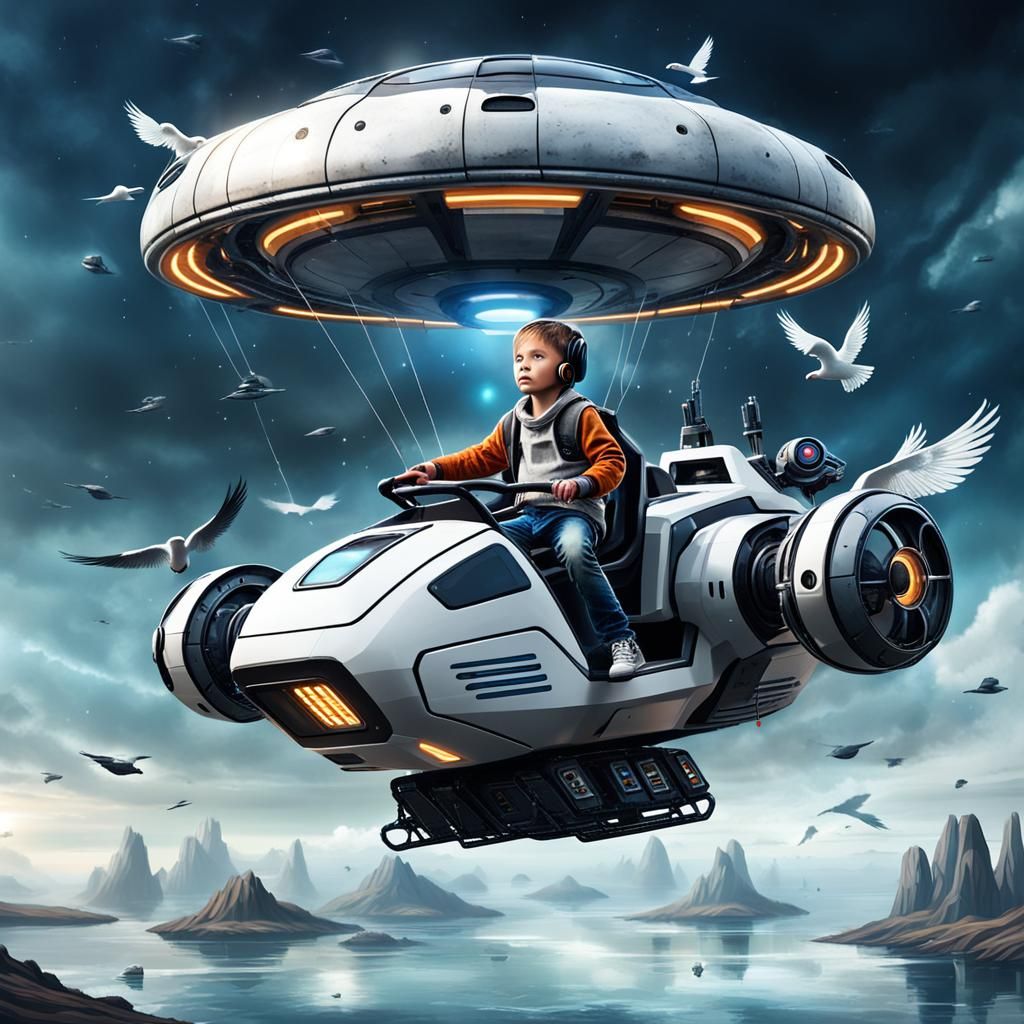 Futuristic Child Rides Robotic Hovercraft