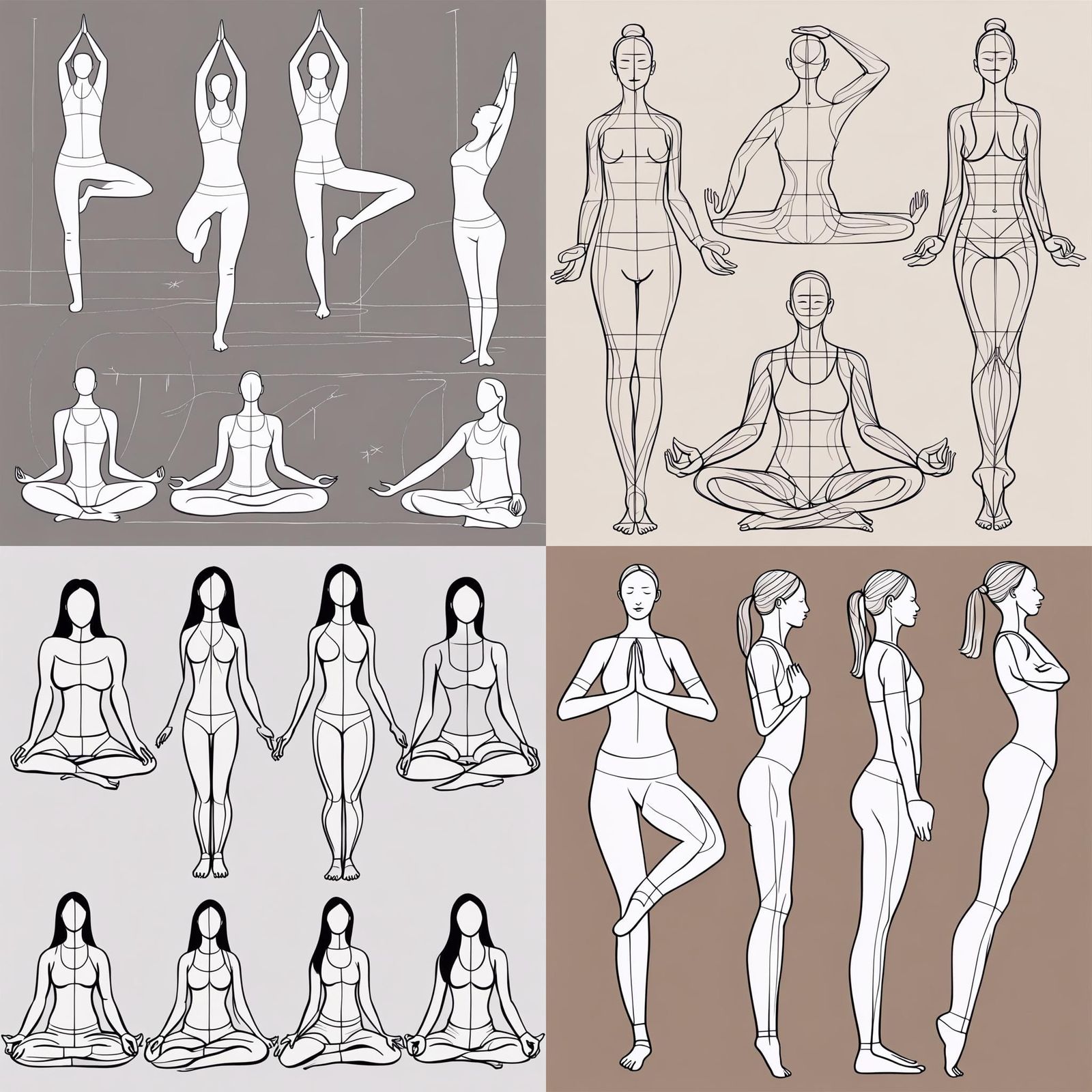 Yoga Poses with Detailed Meridian Lines Sketch