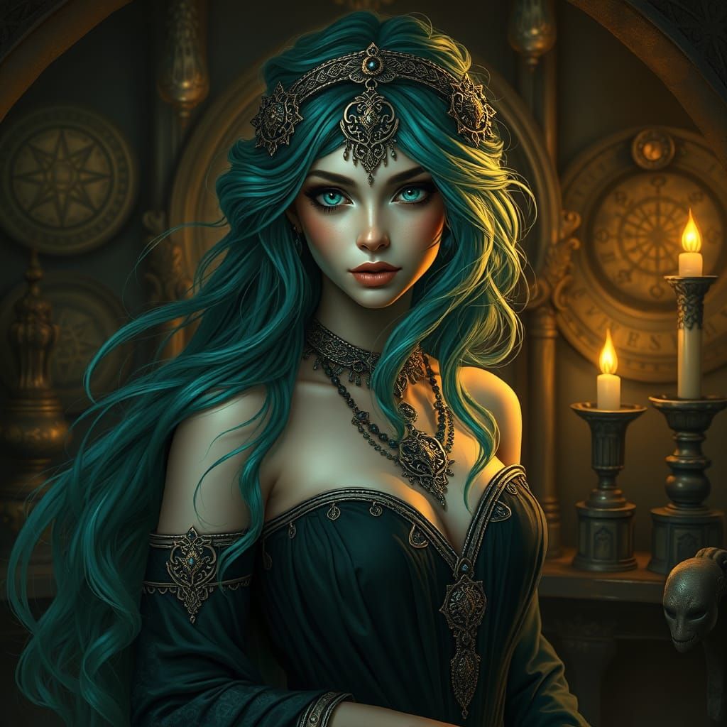 Mysterious Woman with Turquoise Eyes in Art Nouveau Style
