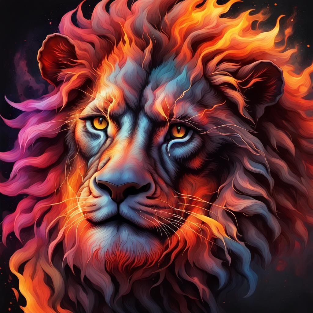 Realistic Fire Lion in Glitch Distorted Watercolor Style