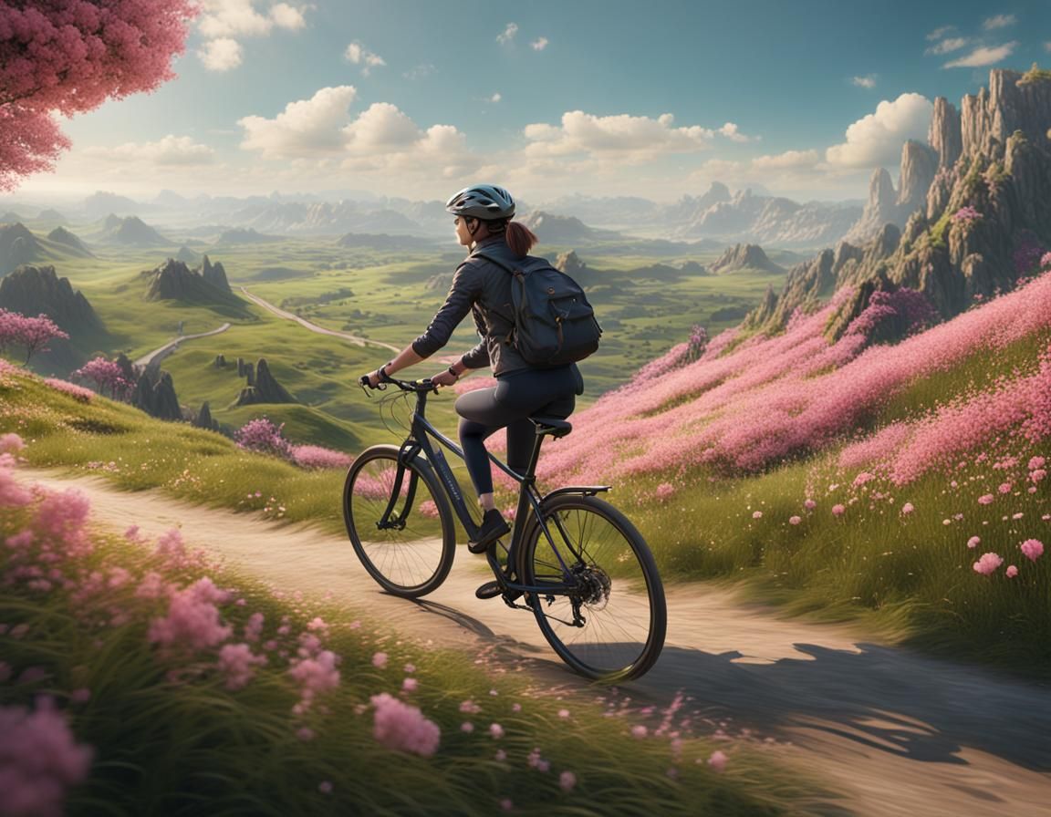 Woman Biking Hilly Terrain: Detailed Matte Painting