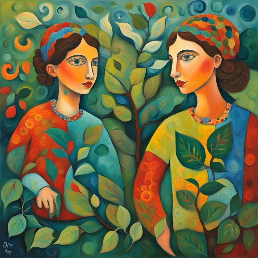 Village Girls in Lush Vegetation: Figurative Impasto Paintin...
