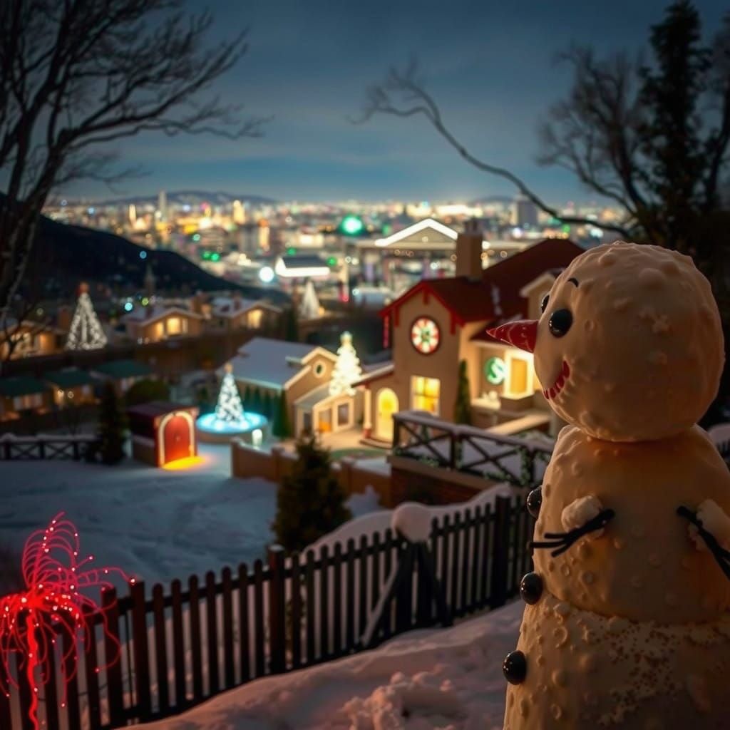 Snowy Hilltop Christmas Wonderland with Close-up of Snowman