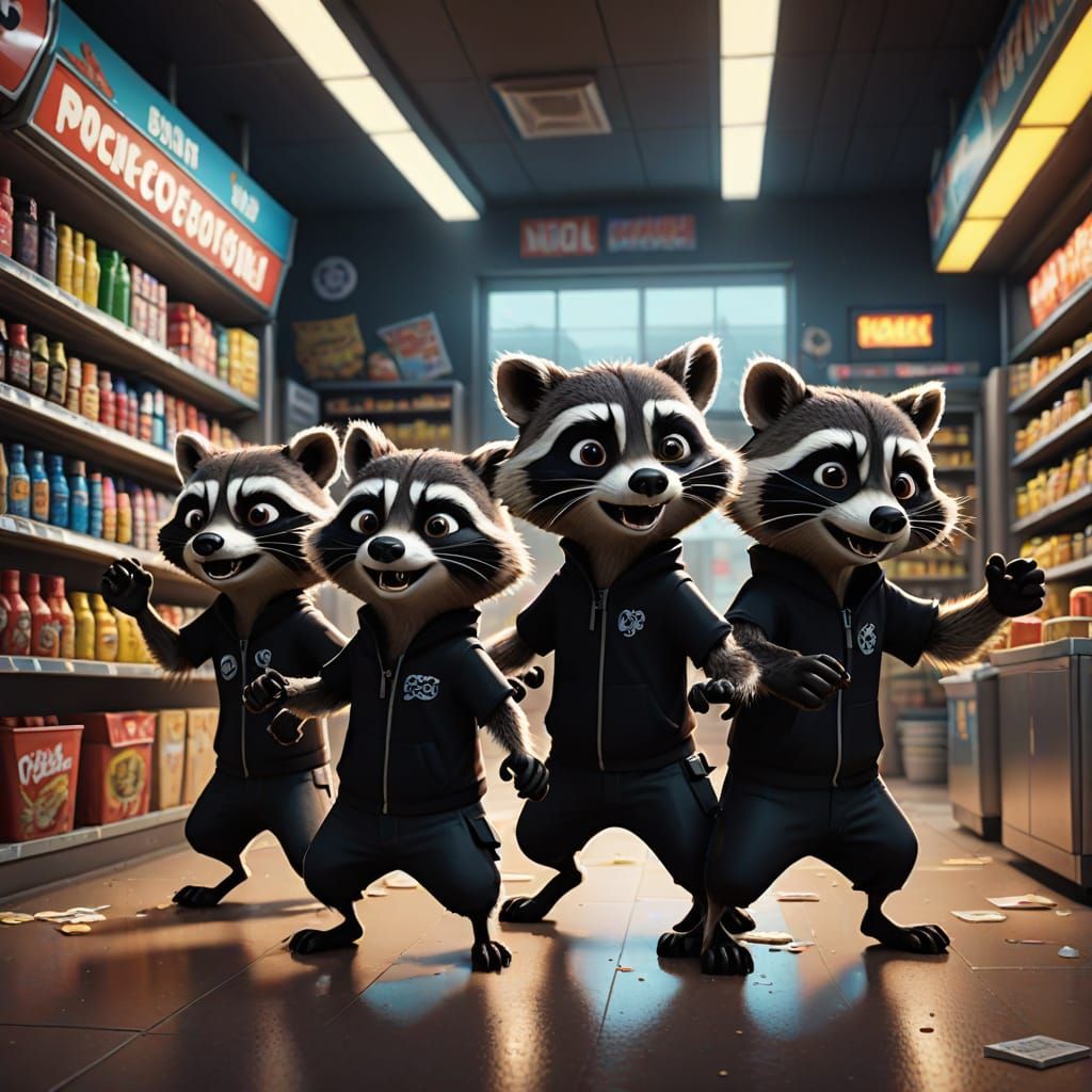 A team of raccoons in black clothes doing a smash-and-grab i...